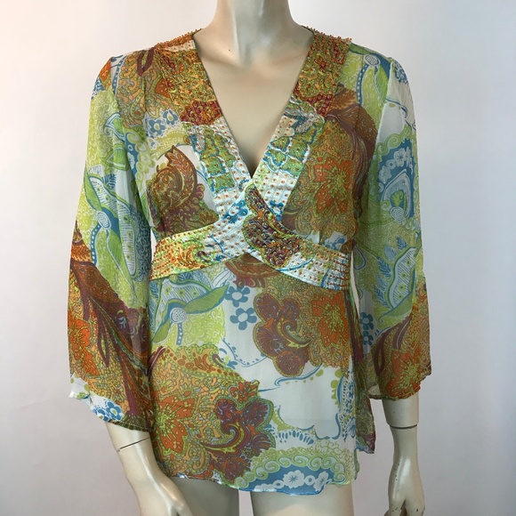 Cache Tops - Cache Semi Sheer Blouse Beaded Paisleys V Neck 10